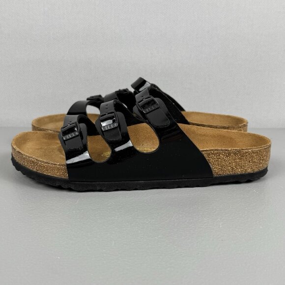 Birkenstock Florida Sandals Women 38 US 7 Black Patent Birko Flor 3 Strap Slides - Picture 3 of 11